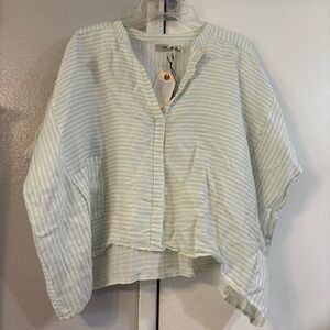 Humanoid Striped Mint Oversized Blouse Pop Over Linen Silk Lagenlook Beachy M